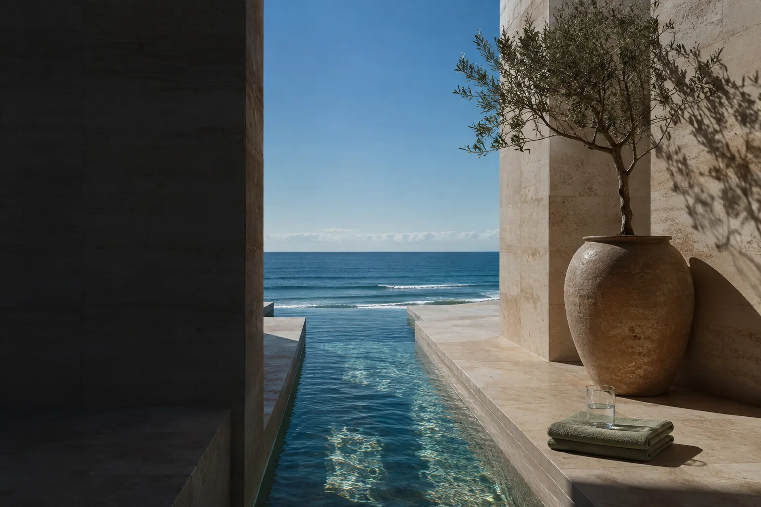 Limestone resort architecture, water and coastal light